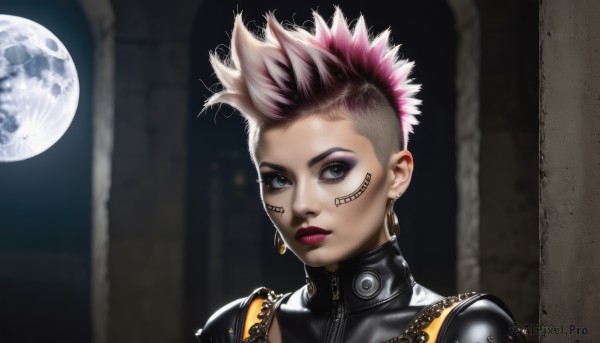 1girl,solo,looking at viewer,short hair,jewelry,closed mouth,pink hair,multicolored hair,earrings,blurry,black eyes,two-tone hair,lips,grey eyes,bodysuit,makeup,facial mark,moon,lipstick,spiked hair,portrait,full moon,eyeshadow,zipper,realistic,nose,eyeliner,facepaint,very short hair,leather,undercut,facial tattoo,mascara,mohawk,cyberpunk,white hair,eyelashes,tattoo,night