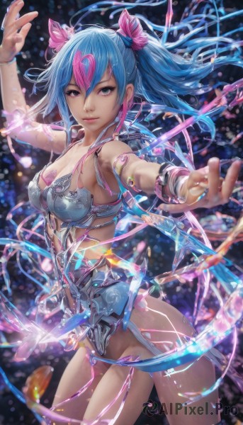 1girl,solo,long hair,breasts,looking at viewer,smile,bangs,blue eyes,hair ornament,cleavage,hair between eyes,bare shoulders,jewelry,medium breasts,blue hair,purple eyes,ponytail,pink hair,multicolored hair,cowboy shot,pink eyes,nail polish,bracelet,two-tone hair,lips,outstretched arms,outstretched arm,revealing clothes,convenient censoring,armlet,twintails,heart,armor,blurry,grey eyes,heterochromia,watermark,science fiction