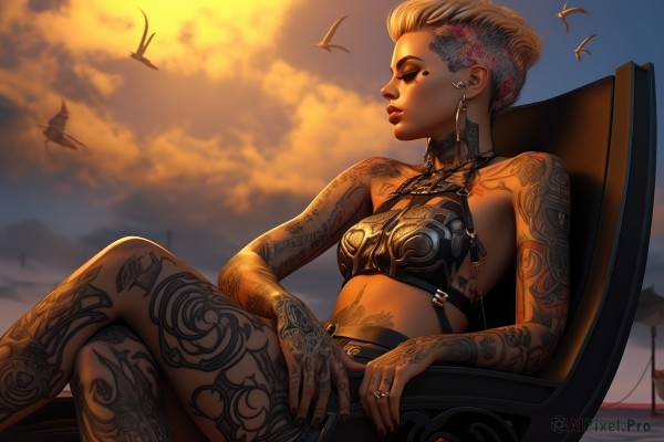 1girl,solo,breasts,short hair,blonde hair,jewelry,medium breasts,sitting,swimsuit,pink hair,bikini,multicolored hair,earrings,small breasts,outdoors,sky,shorts,midriff,cloud,lips,tattoo,makeup,bird,chair,piercing,ring,crossed legs,cloudy sky,lipstick,ear piercing,sunset,aircraft,nose,arm tattoo,undercut,leg tattoo,multiple rings,full-body tattoo,closed eyes,solo focus,dark skin,nail polish,from side,dark-skinned female,ocean,halterneck,black nails,facial tattoo,gold chain,beach chair,eyebrow piercing