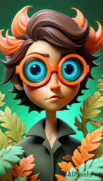 1girl,solo,looking at viewer,short hair,bangs,blue eyes,brown hair,shirt,upper body,flower,multicolored hair,glasses,collared shirt,artist name,orange hair,two-tone hair,gradient,gradient background,leaf,watermark,goggles,portrait,freckles,green background,tinted eyewear,tracer (overwatch),alternate costume,lips,aged down,spiked hair,green shirt