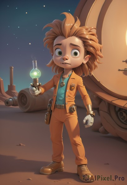 solo,looking at viewer,brown hair,shirt,gloves,1boy,green eyes,standing,jacket,full body,weapon,male focus,sky,shoes,belt,pants,white gloves,gun,night,brown footwear,ground vehicle,child,star (sky),night sky,motor vehicle,handgun,smoke,starry sky,holster,male child,energy gun,desert,dust,flashlight,orange pants,1girl,open mouth,holding,jewelry,parted lips,teeth,artist name,signature,necklace,shadow,glowing,watermark,blue shirt,robot