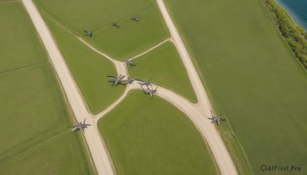 outdoors,sky,day,water,military,no humans,ocean,from above,nature,scenery,flying,aircraft,military vehicle,airplane,road,watercraft,vehicle focus,jet,flower,cloud,tree,blue sky,grass,plant,field,landscape,path,hill