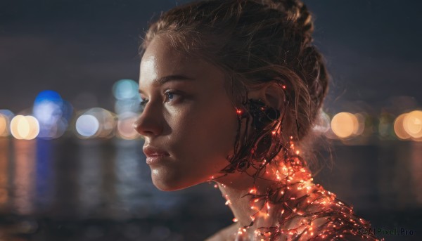 1girl, solo, short hair, blue eyes, brown hair, jewelry, earrings, parted lips, blurry, from side, lips, profile, depth of field, blurry background, science fiction, realistic, nose, android, bokeh, mechanical parts