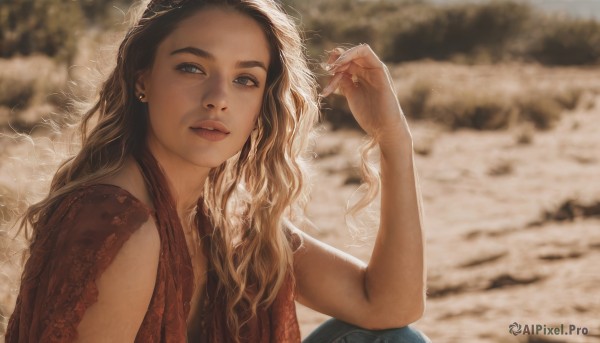 1girl,solo,long hair,looking at viewer,blue eyes,blonde hair,brown hair,black hair,jewelry,upper body,multicolored hair,earrings,outdoors,parted lips,sleeveless,hand up,blurry,lips,depth of field,blurry background,wavy hair,ring,freckles,realistic,sitting,fingernails,sunlight,thick eyebrows,denim,jeans,nose