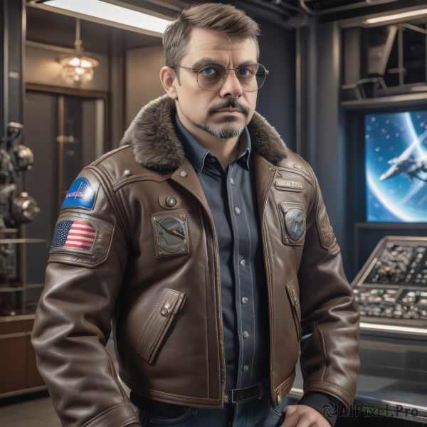 solo,looking at viewer,short hair,blue eyes,blonde hair,brown hair,shirt,long sleeves,1boy,standing,jacket,male focus,open clothes,glasses,collared shirt,belt,pants,indoors,open jacket,military,military uniform,buttons,facial hair,sunglasses,blue shirt,denim,beard,science fiction,pocket,brown jacket,jeans,realistic,aircraft,round eyewear,mustache,airplane,space,leather,planet,leather jacket,earth (planet),american flag,spacecraft,bomber jacket,jet,patch,fighter jet,pilot,closed mouth,blurry,fur trim,blurry background,fur collar,hand in pocket,aviator sunglasses