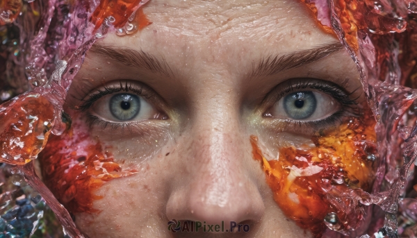 1girl,solo,looking at viewer,blue eyes,water,blurry,lips,grey eyes,eyelashes,blurry background,portrait,close-up,reflection,fish,realistic,goldfish,eye focus,green eyes,red hair,freckles,water drop