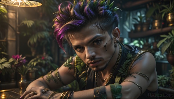 solo,looking at viewer,short hair,shirt,black hair,1boy,bare shoulders,jewelry,closed mouth,upper body,purple hair,flower,male focus,multicolored hair,earrings,sleeveless,indoors,dark skin,necklace,nail polish,blurry,black eyes,bracelet,two-tone hair,sleeveless shirt,tattoo,depth of field,blurry background,facial hair,piercing,dark-skinned male,ring,thick eyebrows,tank top,plant,ear piercing,beard,armlet,realistic,nose,potted plant,arm tattoo,undercut,facial tattoo,multiple rings,mohawk,nose piercing,lip piercing,eyebrow piercing,eyebrow cut,brown eyes,lips,lamp,facepaint