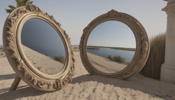 outdoors,sky,day,water,tree,blue sky,no humans,ocean,beach,grass,plant,scenery,reflection,mirror,sand,pillar,horizon,bush