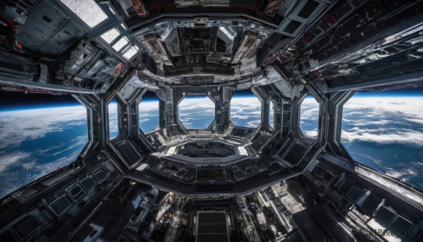 sky,cloud,no humans,building,scenery,science fiction,city,cityscape,space,planet,earth (planet),spacecraft,cockpit,window,robot,star (sky),floating,machinery,realistic,cable