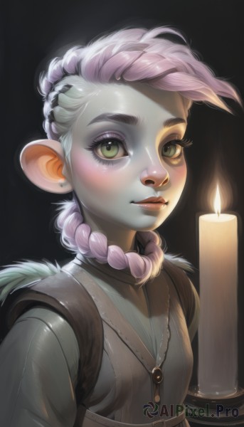 1girl,solo,long hair,looking at viewer,smile,simple background,animal ears,jewelry,closed mouth,green eyes,upper body,pink hair,braid,multicolored hair,necklace,lips,eyelashes,single braid,makeup,colored skin,black background,furry,mouse ears,nose,furry female,candle,candlestand,candlelight,blush,earrings,pointy ears,artist name,thick eyebrows,pendant,asymmetrical hair,dark background