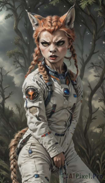 1girl,solo,long hair,breasts,looking at viewer,long sleeves,animal ears,green eyes,standing,tail,yellow eyes,braid,red hair,cowboy shot,outdoors,parted lips,teeth,artist name,orange hair,twin braids,tree,lips,fox ears,bodysuit,makeup,nature,angry,forest,freckles,nose,red lips,white bodysuit,dirty,bangs,sky,pants,fox tail,wolf ears,knife,wolf tail,realistic,jumpsuit,spacesuit,dirty face