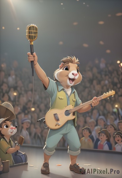 smile,short hair,open mouth,brown hair,shirt,1boy,hat,holding,animal ears,standing,full body,short sleeves,male focus,multiple boys,shoes,teeth,solo focus,collared shirt,pants,artist name,bag,blurry,black eyes,vest,arm up,blurry background,facial hair,brown footwear,happy,blue shirt,instrument,child,microphone,furry,6+boys,green shirt,music,guitar,confetti,furry male,male child,body fur,holding microphone,singing,green vest,playing instrument,holding instrument,animal nose,microphone stand,crowd,stage,spotlight,stage lights,buck teeth,people,concert,audience,acoustic guitar,looking at viewer,multiple girls,brown eyes,:d,phone,cellphone,green pants