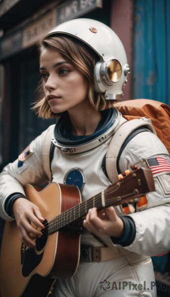 1girl,solo,short hair,blonde hair,brown hair,long sleeves,holding,brown eyes,cowboy shot,sweat,parted lips,belt,pants,bag,blurry,lips,blurry background,backpack,helmet,instrument,freckles,realistic,nose,music,guitar,playing instrument,holding instrument,american flag,spacesuit,space helmet,astronaut,blue eyes,science fiction,dirty,plectrum