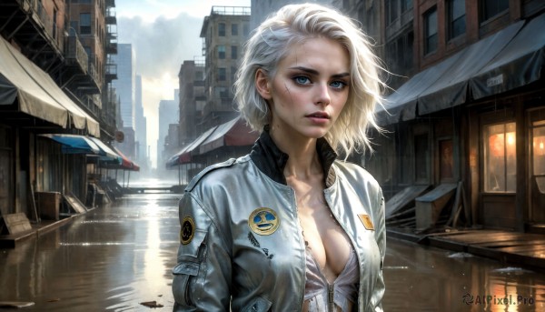 HQ,1girl,solo,breasts,looking at viewer,short hair,blue eyes,blonde hair,shirt,cleavage,medium breasts,collarbone,jacket,white shirt,upper body,white hair,outdoors,parted lips,open clothes,sky,day,cloud,water,open jacket,lips,wet,makeup,scar,sunlight,cloudy sky,denim,building,front-tie top,freckles,reflection,cropped jacket,rain,city,realistic,nose,unzipped,wet hair,watercraft,badge,boat,denim jacket,long sleeves,window,umbrella,white jacket,lipstick,wind,messy hair,wet clothes,smoke,emblem,car,light,dirty,dirty face,dirty clothes