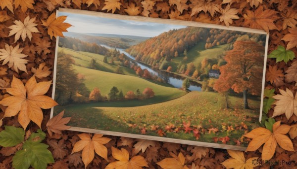 outdoors,sky,day,cloud,water,tree,no humans,leaf,grass,ground vehicle,nature,scenery,forest,mountain,sign,road,autumn leaves,photo (object),field,maple leaf,river,autumn,landscape,lake,hill,blue sky,building,house