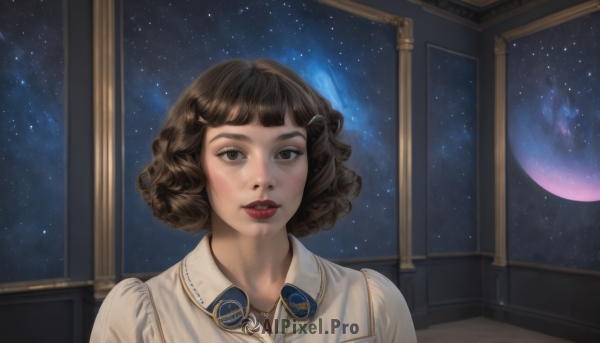 1girl,solo,looking at viewer,short hair,bangs,brown hair,shirt,hair ornament,brown eyes,jewelry,white shirt,upper body,parted lips,sky,hairclip,collared shirt,indoors,necklace,lips,window,makeup,night,lipstick,portrait,star (sky),night sky,starry sky,freckles,curly hair,realistic,nose,red lips,space,black hair,teeth,meme