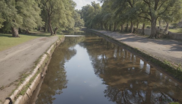 outdoors,sky,day,cloud,water,tree,no humans,sunlight,grass,plant,nature,scenery,forest,reflection,road,bush,bridge,river,landscape,blue sky,lake,path,reflective water