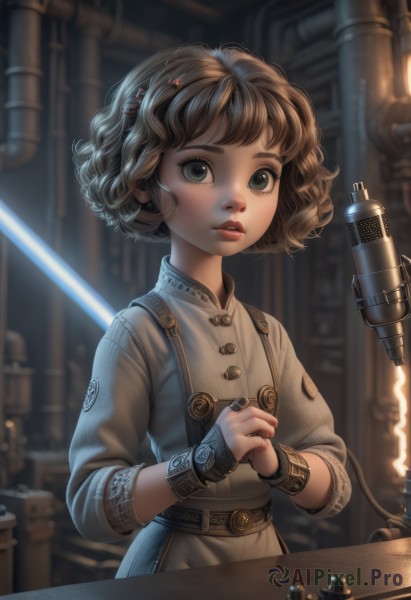 1girl,solo,looking at viewer,short hair,bangs,brown hair,hair ornament,long sleeves,upper body,weapon,parted lips,hairclip,belt,sword,indoors,blurry,black eyes,lips,grey eyes,buttons,own hands together,microphone,freckles,science fiction,curly hair,realistic,nose,fantasy,candle,energy sword,lightsaber,blue eyes,blonde hair,dress,jewelry,earrings,bracelet,eyelashes,makeup,watermark,table,ring,red lips