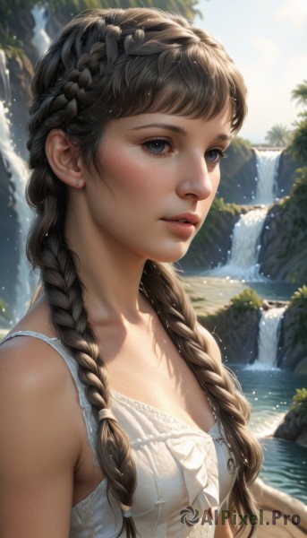 1girl,solo,long hair,breasts,looking at viewer,bangs,blue eyes,brown hair,black hair,dress,cleavage,bare shoulders,jewelry,collarbone,upper body,braid,earrings,small breasts,outdoors,parted lips,teeth,sleeveless,day,artist name,water,white dress,blurry,twin braids,tree,lips,wet,eyelashes,watermark,sunlight,wet clothes,hair over shoulder,freckles,rock,realistic,nose,stud earrings,waterfall,medium breasts,flower,sleeveless dress,nature,river