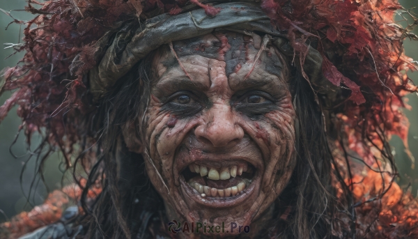 solo,long hair,looking at viewer,smile,open mouth,blue eyes,black hair,1boy,male focus,teeth,blood,portrait,realistic,horror (theme),hat,outdoors,tree,leaf,messy hair,veins,blood on face