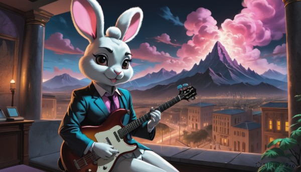 1girl,solo,looking at viewer,smile,open mouth,skirt,shirt,long sleeves,holding,animal ears,brown eyes,sitting,jacket,tail,white shirt,outdoors,necktie,sky,collared shirt,artist name,cloud,rabbit ears,tree,black jacket,window,:3,night,formal,happy,blazer,cloudy sky,suit,plant,building,instrument,scenery,furry,sunset,rabbit,mountain,city,rabbit girl,furry female,music,guitar,lamp,body fur,house,white fur,playing instrument,holding instrument,animal nose,pink necktie,mountainous horizon,two-tone fur,suit jacket,gradient sky,sunrise,town,buck teeth,pine tree,pleated skirt,teeth,miniskirt,eyelashes,grey skirt,pink shirt,cityscape,skyscraper,black suit,skirt suit