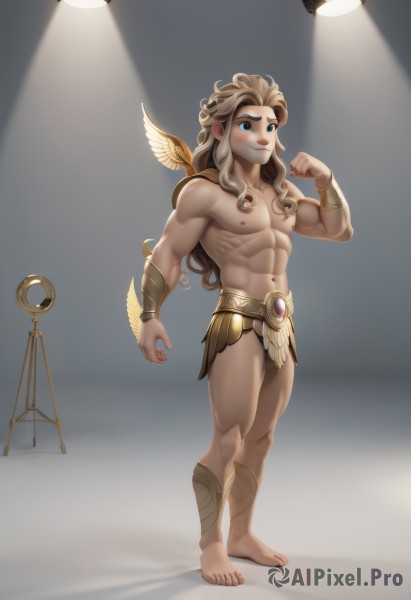 solo,long hair,blush,smile,blue eyes,blonde hair,1boy,navel,jewelry,closed mouth,nipples,standing,full body,male focus,wings,barefoot,artist name,muscular,wavy hair,abs,thick eyebrows,feathers,pectorals,muscular male,bara,pelvic curtain,topless male,bracer,loincloth,biceps,underwear,thighs,thick thighs,light brown hair,large pectorals,bulge,mature male,light,male underwear,spotlight,flexing