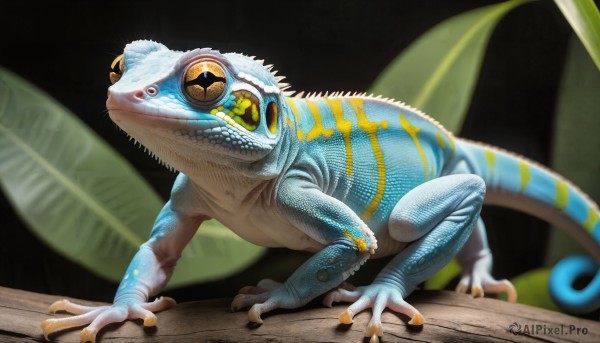 HQ,solo,closed mouth,standing,tail,full body,yellow eyes,teeth,blurry,pokemon (creature),no humans,depth of field,animal,sharp teeth,black background,claws,monster,realistic,scales,animal focus,dinosaur,lizard,simple background,signature,blurry background,watermark,colored sclera,frog