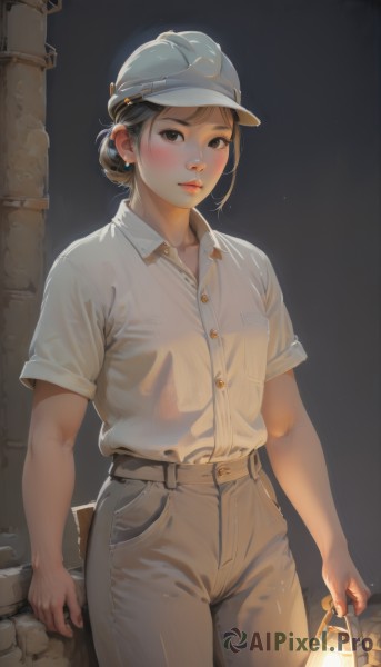 1girl,solo,breasts,looking at viewer,blush,short hair,brown hair,shirt,black hair,hat,holding,brown eyes,jewelry,closed mouth,standing,white shirt,short sleeves,cowboy shot,earrings,collared shirt,belt,pants,hair bun,bra,lips,see-through,buttons,white headwear,single hair bun,wet clothes,baseball cap,pocket,lantern,realistic,white pants,shirt tucked in,bra visible through clothes,high-waist pants,holding lantern,underwear,collarbone,outdoors,night,denim,jeans,nose