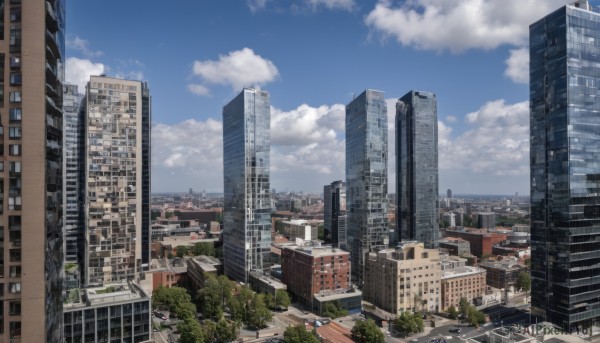 outdoors,sky,day,cloud,tree,blue sky,no humans,cloudy sky,building,scenery,city,road,cityscape,skyscraper,real world location,ground vehicle,motor vehicle,car