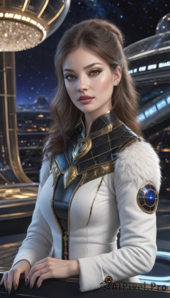 1girl,solo,long hair,breasts,looking at viewer,brown hair,long sleeves,brown eyes,jewelry,medium breasts,upper body,earrings,parted lips,sky,indoors,hair bun,lips,coat,fur trim,window,makeup,night,brooch,black nails,realistic,nose,white coat,nail polish,fingernails,ring,star (sky),freckles,stud earrings