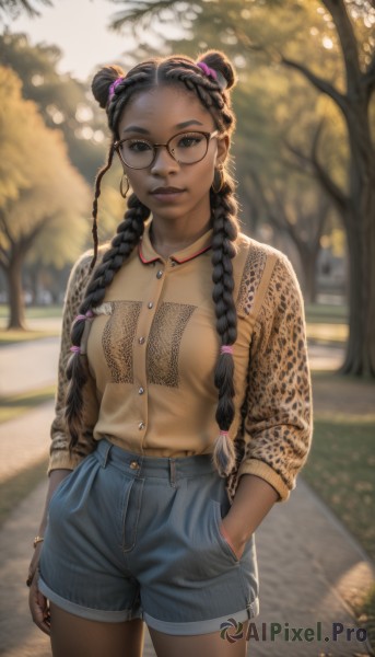 1girl,solo,long hair,breasts,looking at viewer,shirt,black hair,long sleeves,brown eyes,jewelry,standing,braid,cowboy shot,small breasts,outdoors,glasses,shorts,day,collared shirt,artist name,dark skin,hair bun,nail polish,blurry,black eyes,twin braids,bracelet,dark-skinned female,tree,lips,short shorts,double bun,buttons,blurry background,denim,animal print,black nails,forehead,blue shorts,denim shorts,pocket,hand in pocket,realistic,nose,round eyewear,very dark skin,leopard print,multiple braids,medium breasts,earrings,signature,fingernails,makeup,piercing,lipstick,casual,eyeshadow,black-framed eyewear,bespectacled,high-waist shorts