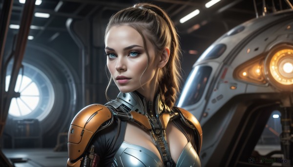 HQ,1girl,solo,long hair,breasts,looking at viewer,blue eyes,brown hair,cleavage,medium breasts,upper body,ponytail,braid,armor,blurry,lips,bodysuit,makeup,robot,lipstick,forehead,science fiction,realistic,nose,hair pulled back,blonde hair,large breasts,indoors,cable,spacecraft