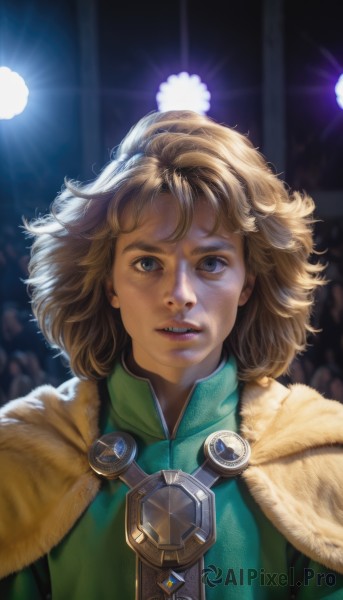 1girl,solo,looking at viewer,short hair,blue eyes,blonde hair,brown hair,upper body,parted lips,teeth,solo focus,medium hair,cape,lips,fur trim,messy hair,portrait,backlighting,freckles,curly hair,realistic,nose,light,crowd,open mouth,lights,spotlight