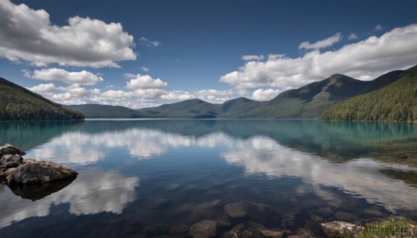 outdoors,sky,day,cloud,signature,water,tree,blue sky,no humans,cloudy sky,grass,nature,scenery,reflection,rock,mountain,river,landscape,lake,waterfall,floating island