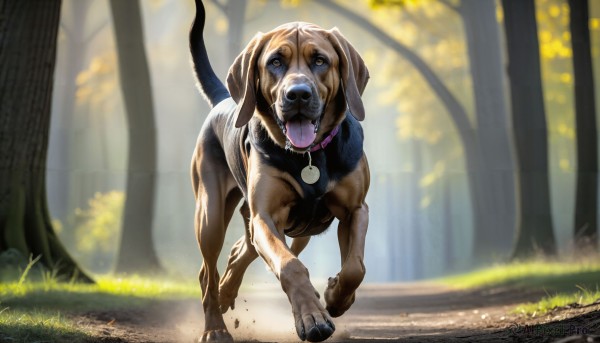 HQ,solo,open mouth,tail,outdoors,day,tongue,tongue out,blurry,collar,tree,no humans,blurry background,animal,grass,nature,forest,walking,running,dog,realistic,road,animal focus,looking at viewer,brown eyes,teeth,signature,saliva,depth of field,sunlight,drooling,animal collar