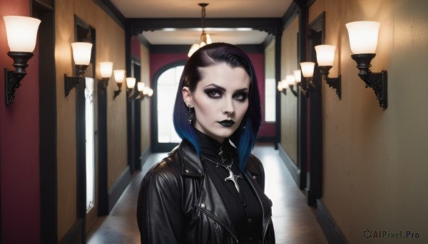 1girl,solo,breasts,looking at viewer,short hair,shirt,black hair,jewelry,closed mouth,blue hair,jacket,upper body,multicolored hair,earrings,open clothes,indoors,medium hair,necklace,black eyes,two-tone hair,open jacket,lips,black jacket,black shirt,gradient hair,makeup,piercing,cross,lipstick,ear piercing,pale skin,forehead,eyeshadow,eyeliner,leather,cross necklace,cross earrings,leather jacket,mascara,gothic,black lips,lip piercing,inverted cross,long hair,grey eyes,window,realistic,nose