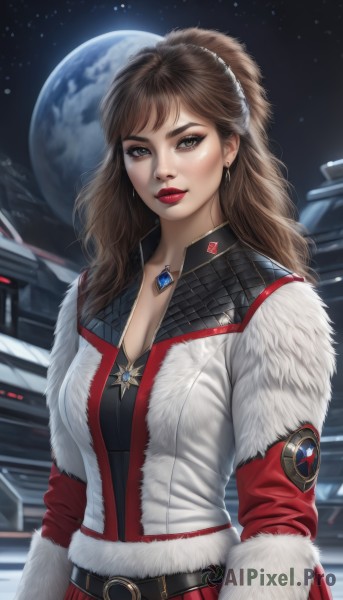 1girl,solo,long hair,breasts,looking at viewer,smile,brown hair,long sleeves,cleavage,brown eyes,jewelry,medium breasts,upper body,ponytail,earrings,sky,belt,necklace,lips,coat,fur trim,makeup,moon,lipstick,star (sky),eyeshadow,starry sky,black belt,realistic,red lips,space,planet,earth (planet),bangs,large breasts,jacket,night,white jacket,gem,science fiction