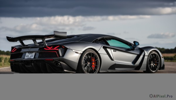 outdoors,sky,cloud,blurry,no humans,blurry background,cloudy sky,ground vehicle,motor vehicle,car,road,vehicle focus,wheel,sports car,solo,from side,logo