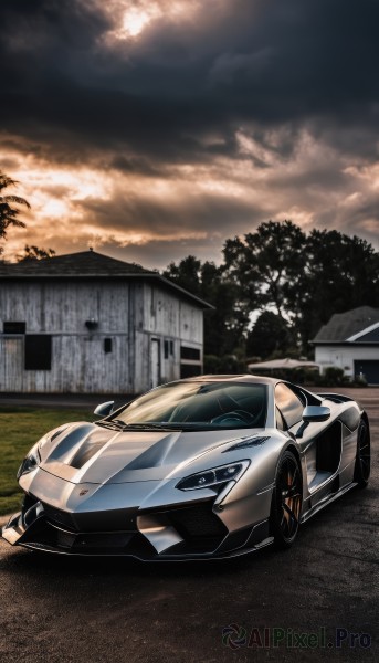 outdoors,sky,cloud,tree,no humans,cloudy sky,ground vehicle,building,scenery,motor vehicle,fence,car,road,vehicle focus,sports car,solo,wheel