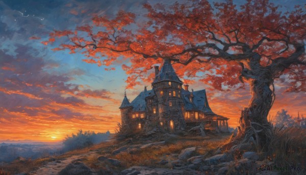 A vivid sunset outdoors highlighting a landscape