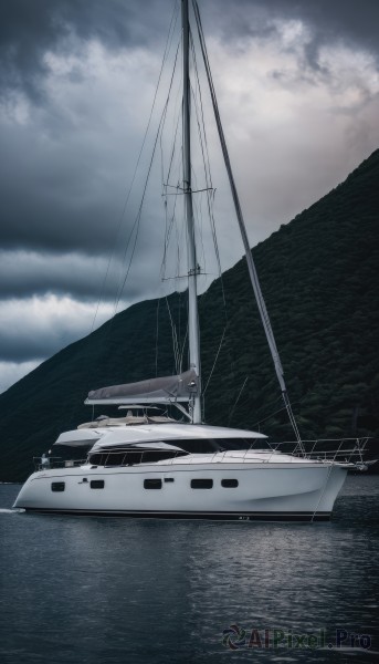 outdoors,sky,day,cloud,water,military,no humans,ocean,cloudy sky,scenery,mountain,military vehicle,watercraft,vehicle focus,ship,boat,power lines,waves,grey sky,warship