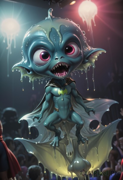 1girl,breasts,open mouth,purple eyes,full body,small breasts,teeth,solo focus,pink eyes,cape,colored skin,squatting,sharp teeth,monster girl,blue skin,green skin,dripping,crowd,fewer digits,fish girl,people,6+others,looking at viewer,male focus,muscular,6+boys,monster,red cape,head fins,slime (substance),fins