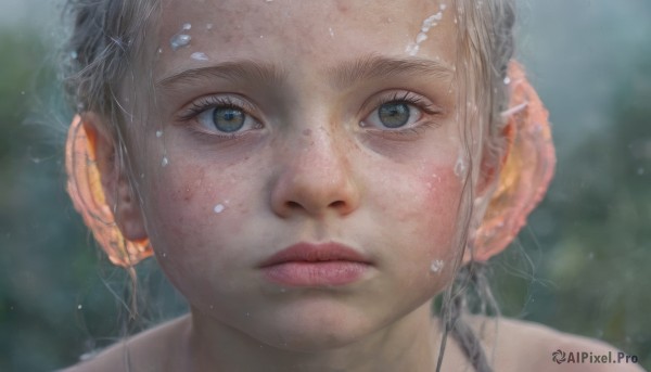 1girl,solo,looking at viewer,blue eyes,brown eyes,jewelry,closed mouth,grey hair,earrings,blurry,lips,wet,grey eyes,eyelashes,depth of field,blurry background,expressionless,portrait,close-up,freckles,realistic,nose,wet hair,hair ornament,water,water drop