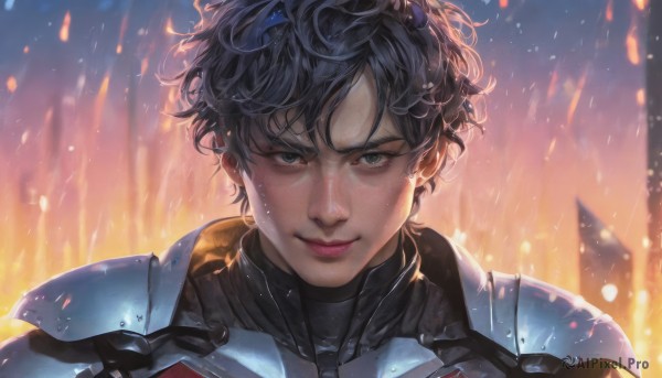 1girl,solo,looking at viewer,smile,short hair,bangs,black hair,1boy,closed mouth,upper body,male focus,armor,blurry,black eyes,lips,grey eyes,blurry background,fire,messy hair,portrait,realistic,straight-on,embers,bodysuit,freckles