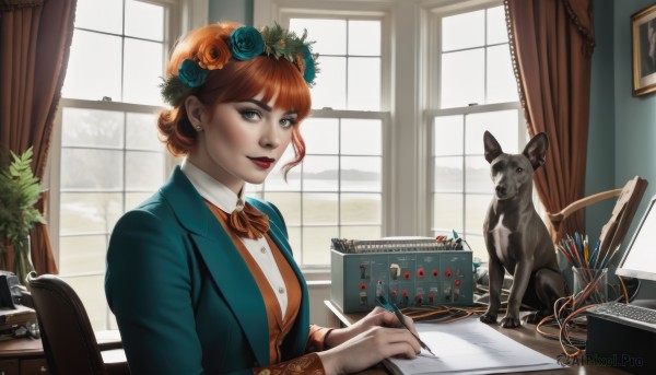 1girl,solo,looking at viewer,smile,short hair,bangs,brown hair,shirt,hair ornament,long sleeves,bow,holding,jewelry,sitting,jacket,white shirt,upper body,flower,earrings,day,indoors,hair flower,bowtie,hair bun,orange hair,vest,lips,grey eyes,window,makeup,rose,animal,watermark,chair,table,blazer,plant,lipstick,curtains,desk,freckles,blue flower,dog,paper,realistic,orange bow,red lips,pen,potted plant,head wreath,pencil,drawing,holding pen,red hair,book,formal,suit,nose