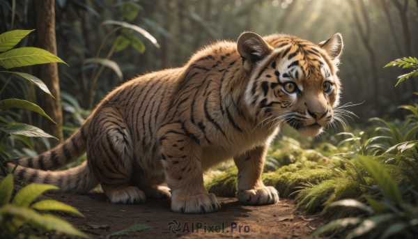 solo,looking at viewer,brown eyes,full body,outdoors,day,blurry,tree,no humans,depth of field,blurry background,animal,leaf,sunlight,grass,plant,nature,claws,forest,realistic,animal focus,whiskers,tiger,year of the tiger,closed mouth,foliage