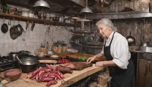 1girl,solo,shirt,1boy,holding,jewelry,standing,white shirt,white hair,grey hair,male focus,earrings,food,collared shirt,indoors,apron,tattoo,fruit,facial hair,scar,table,bottle,knife,beard,plate,sleeves rolled up,bowl,realistic,basket,tiles,holding knife,lamp,old,old man,cooking,meat,ladle,kitchen,jar,tomato,vegetable,frying pan,sink,spatula,black apron,light bulb,counter,cabinet,old woman,stove,kitchen knife,wrinkled skin,cutting board,onion,tongs,from side,cup,mustache,stud earrings,tile wall,sleeves pushed up,faucet,lettuce,cleaver