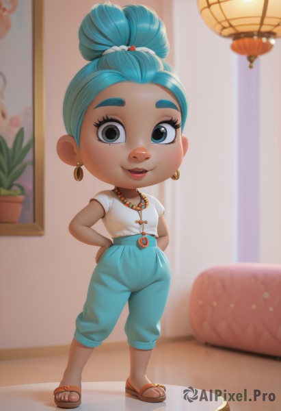 bulma,1girl,solo,looking at viewer,smile,short hair,open mouth,blue eyes,shirt,jewelry,blue hair,standing,full body,white shirt,short sleeves,earrings,pants,indoors,necklace,hair bun,blurry,lips,pillow,eyelashes,aqua hair,makeup,blurry background,shadow,sandals,single hair bun,aged down,child,hands on hips,hoop earrings,female child,potted plant,lamp,topknot,baggy pants,food,teeth,artist name,toes,plant,blue pants,flip-flops,high-waist pants