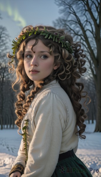 1girl,solo,long hair,looking at viewer,skirt,brown hair,shirt,long sleeves,brown eyes,white shirt,outdoors,parted lips,day,mole,blurry,black eyes,tree,lips,looking to the side,mole under eye,depth of field,blurry background,wavy hair,own hands together,green skirt,nature,snow,forest,freckles,curly hair,realistic,nose,head wreath,winter,bare tree,mole on cheek,upper body,from side,sunlight,blouse,pine tree