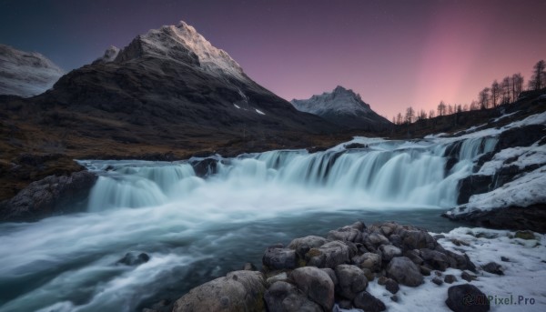 outdoors,sky,water,tree,no humans,night,bird,star (sky),nature,night sky,scenery,snow,forest,starry sky,rock,mountain,winter,river,waterfall,landscape,cliff,aurora,ice,gradient sky